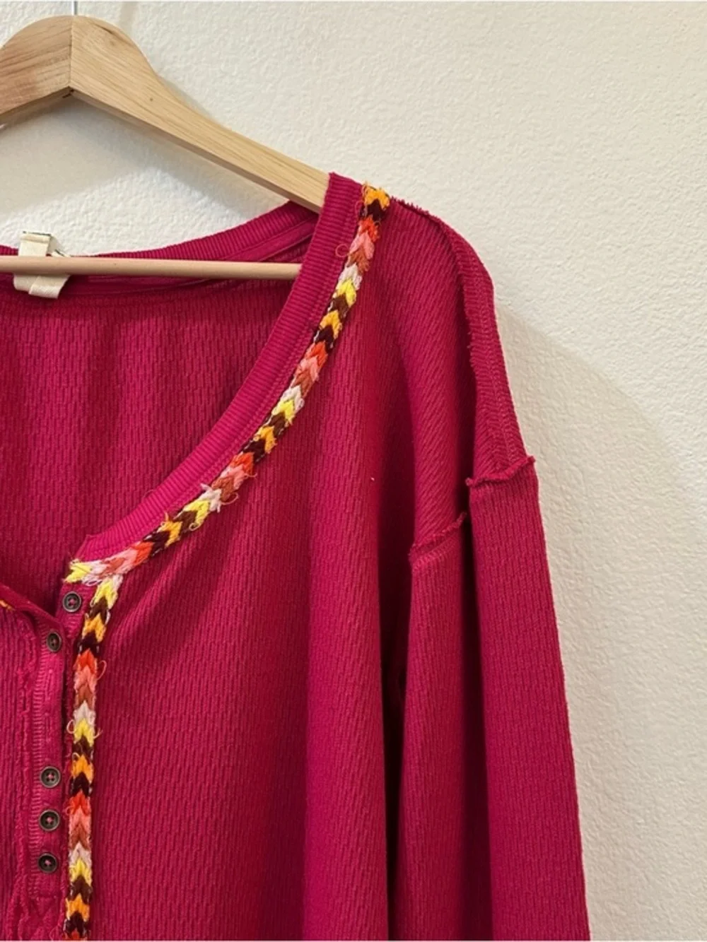 Free People Tribal Rainbow Henley Embroidered Thermal Long Sleeve Tee Size Large